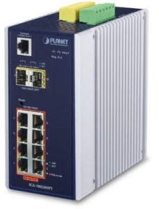 8xGiga PoE+ 2xSFP, -40...+75C Industrial Switch SNMP, IP30 Industrial PoE